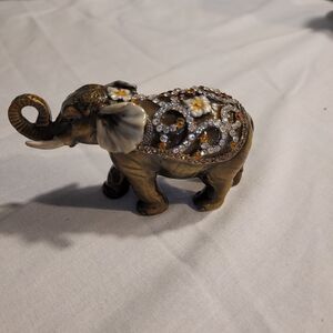 BRASS ELEPHANT CONTAINER WITH COLOURED JEWELS AND ENAMELLED INTERIOR Trinket Box